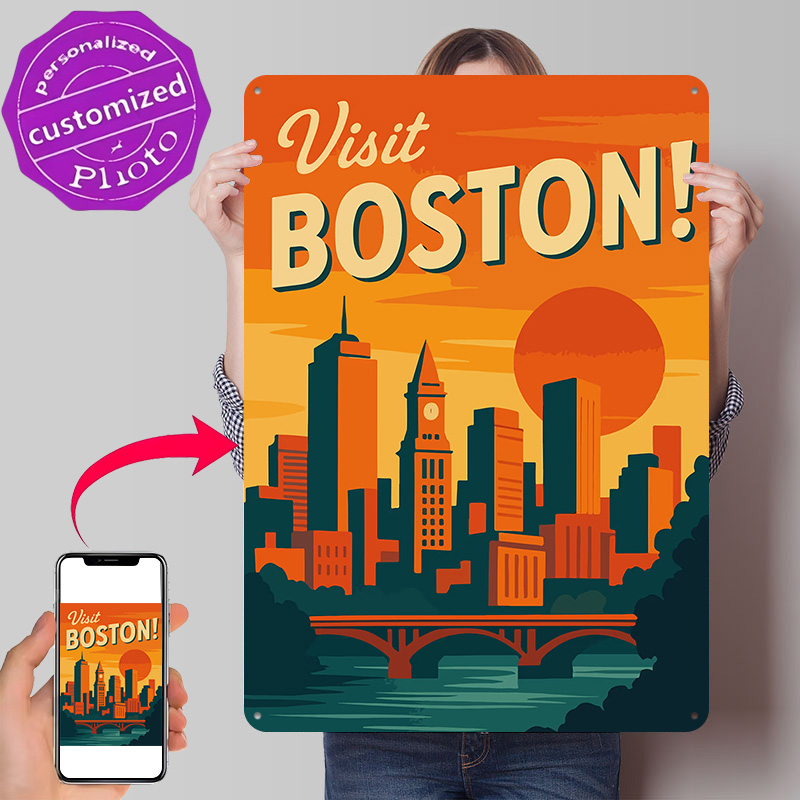 Travel Accessories For Europe - Pôster Metálico Vintage de Viagem Boston,